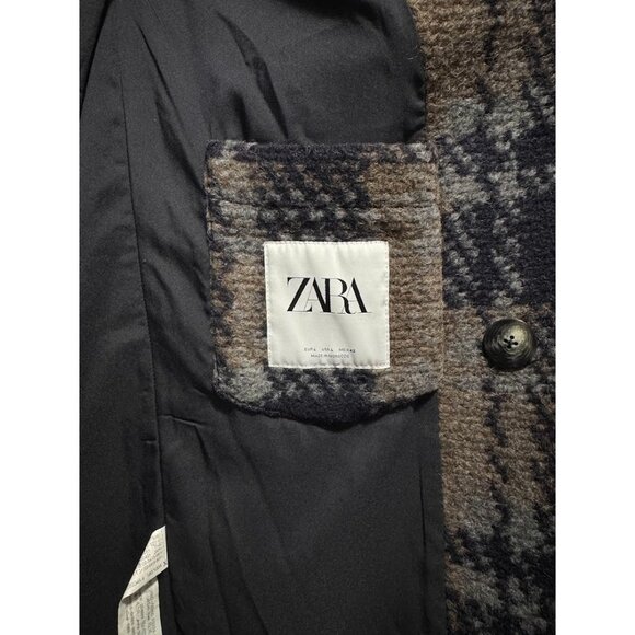 Zara Women's Large Wool Blend Pea Coat Blue Brown Plaid Academia Preppy Career - Picture 6 of 11